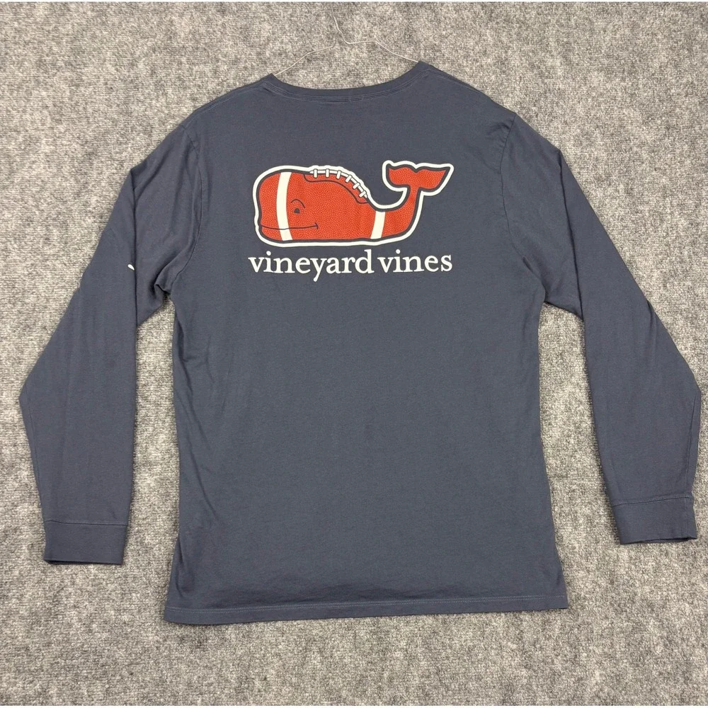 Vineyard Vines Mens Large Blue Long Sleeve Football Whale Pocket T-Shirt Cotton